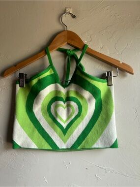Debut Green Heart Halter Knit Top Y2K Retro Mod Groovy Psychedelic Crop Tank M/L